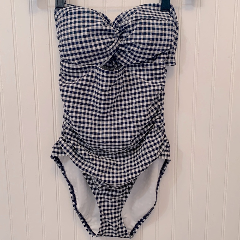 *NWT* LOFT Beach Gingham Seersucker Twist Bandeau One-Piece Swimsuit